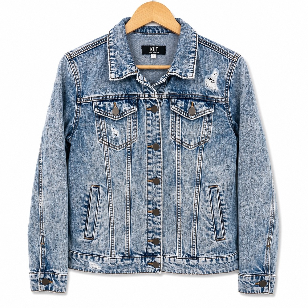 KUT from the Kloth Helena Denim Jacket XS Blue Acid Wash Distressed Jean Trucker